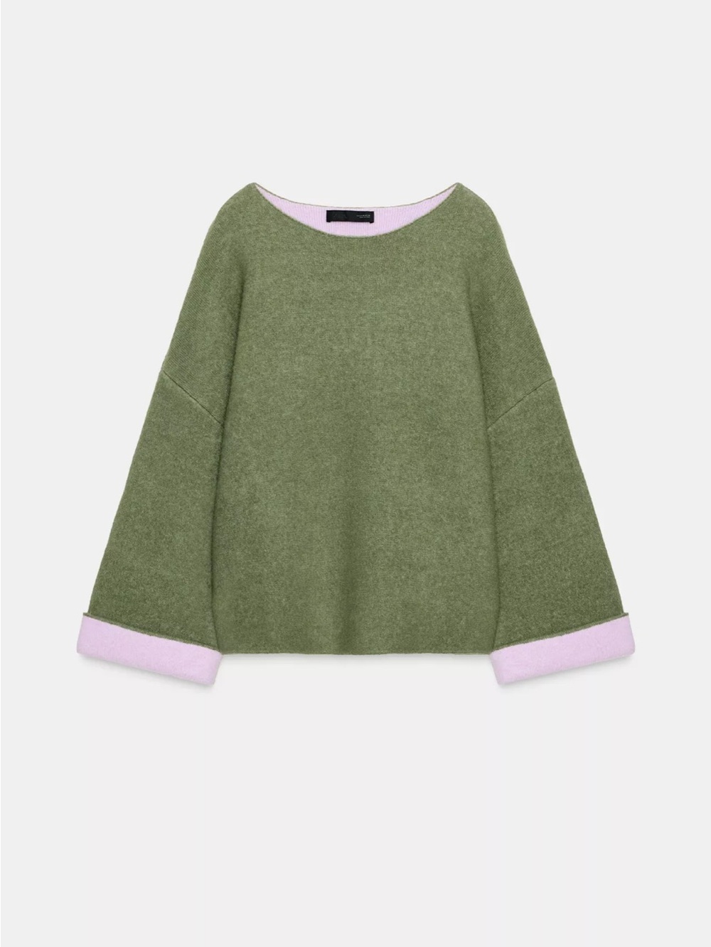 Zara Combination knit sweater Reversible-Look Olive Green Sweater with Pink Trim